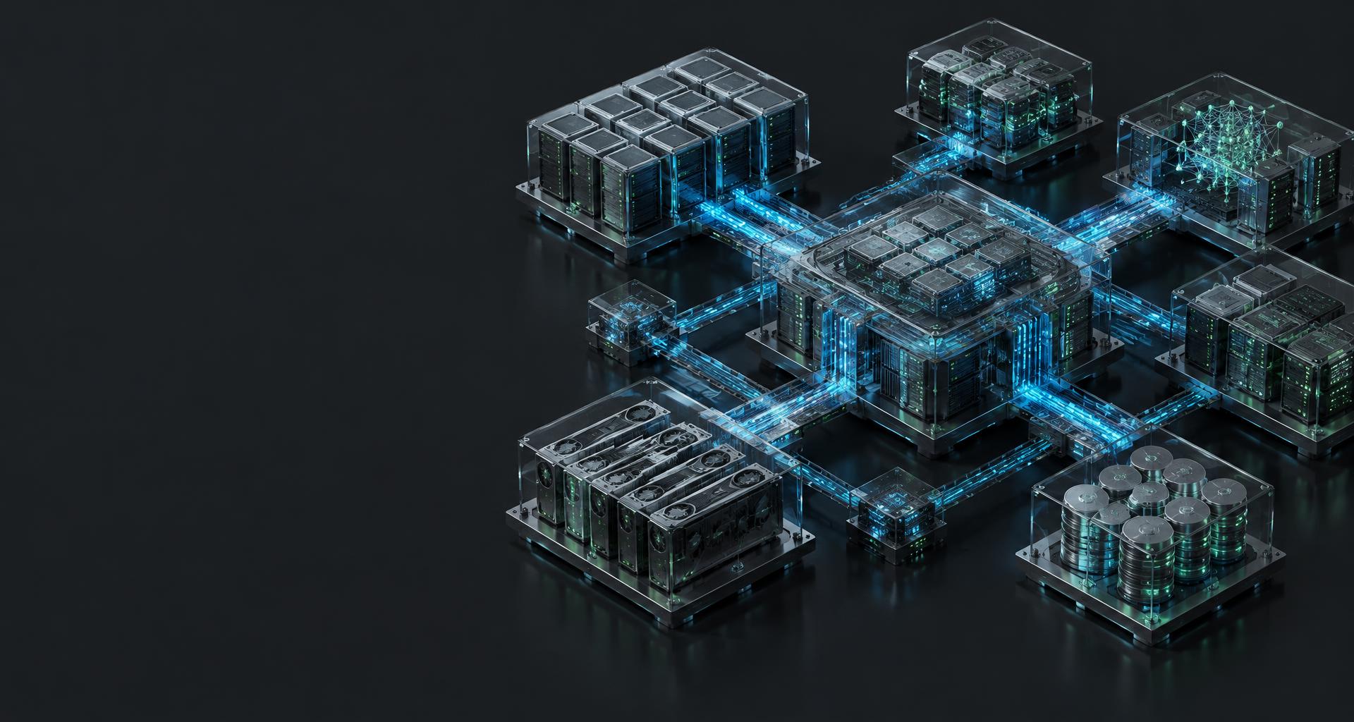 Architectural visualization of interconnected AI compute, execution, and data modules